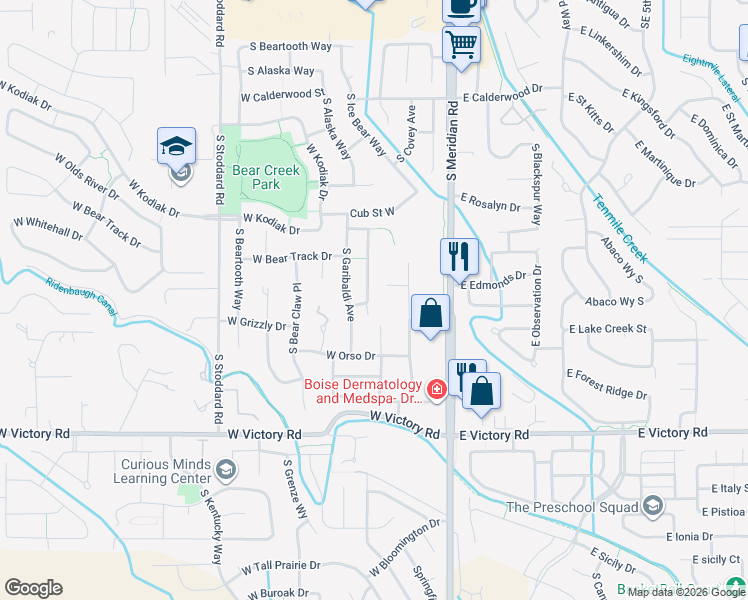 map of restaurants, bars, coffee shops, grocery stores, and more near 301 West Whitehall Drive in Meridian