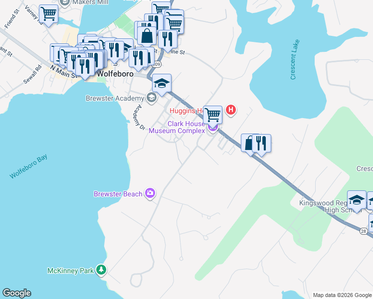 map of restaurants, bars, coffee shops, grocery stores, and more near 31 Clark Road in Wolfeboro