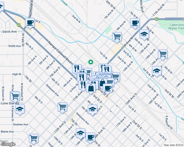 map of restaurants, bars, coffee shops, grocery stores, and more near 101 11th Avenue South in Nampa