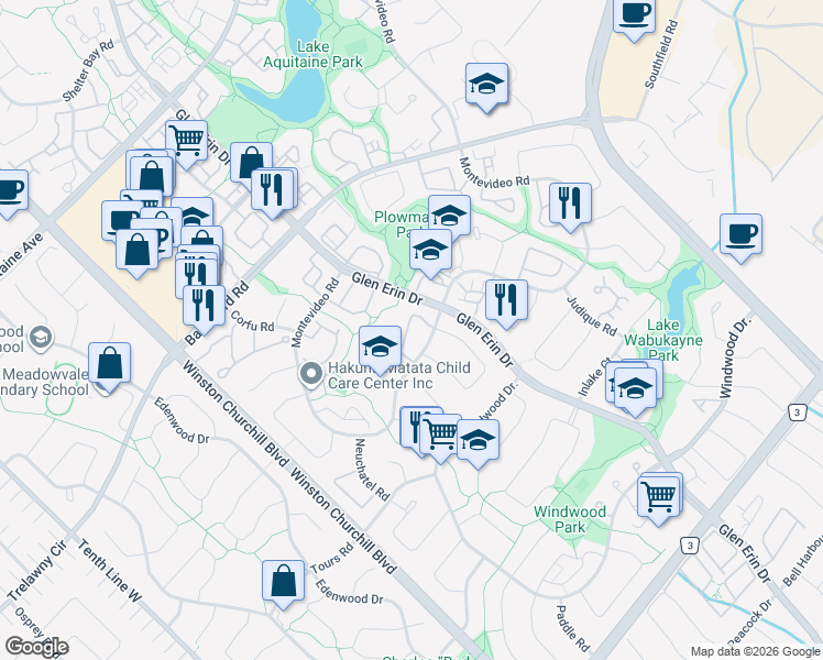 map of restaurants, bars, coffee shops, grocery stores, and more near 55 Montevideo Road in Mississauga