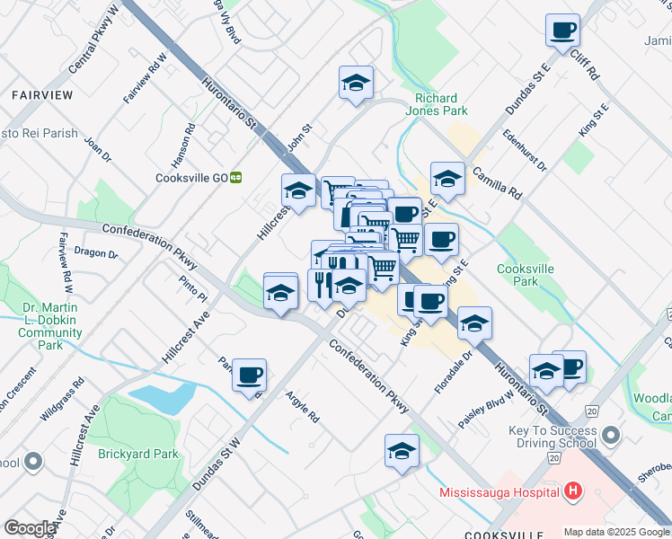 map of restaurants, bars, coffee shops, grocery stores, and more near 60 Agnes Street in Mississauga