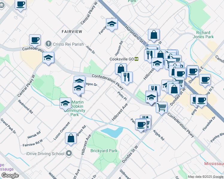 map of restaurants, bars, coffee shops, grocery stores, and more near 3215 Parkerhill Road in Mississauga