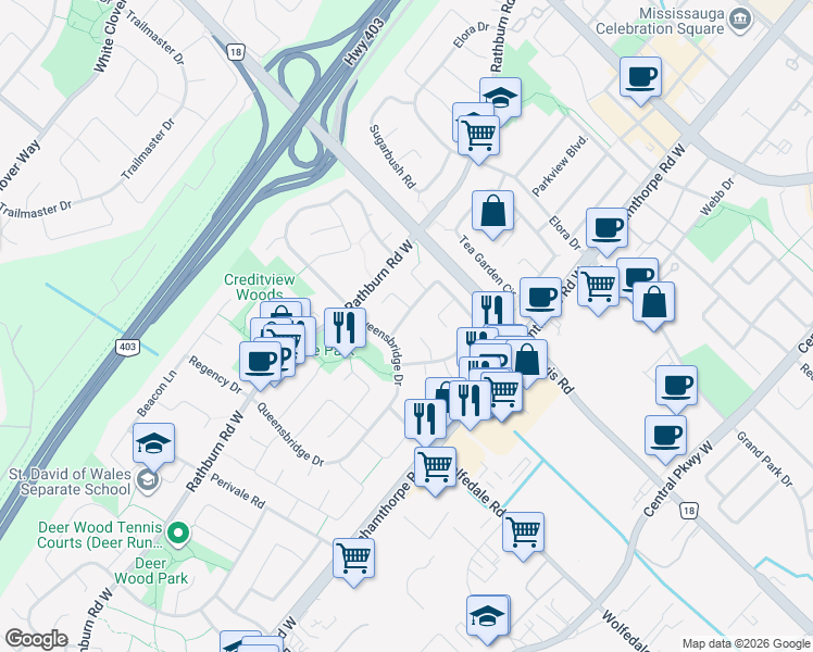 map of restaurants, bars, coffee shops, grocery stores, and more near in Mississauga