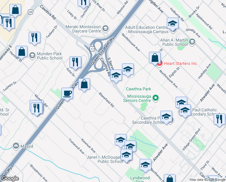 map of restaurants, bars, coffee shops, grocery stores, and more near 1524 Cawthra Road in Mississauga