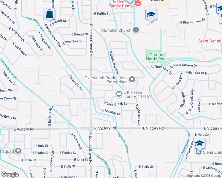 map of restaurants, bars, coffee shops, grocery stores, and more near 1844 East Horse Creek Court in Meridian