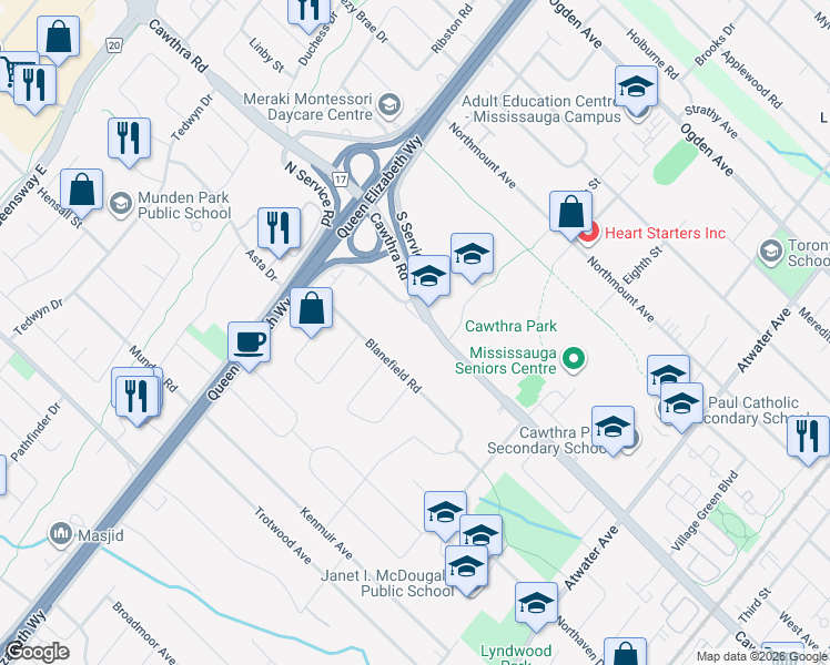 map of restaurants, bars, coffee shops, grocery stores, and more near 1534 Cawthra Road in Mississauga