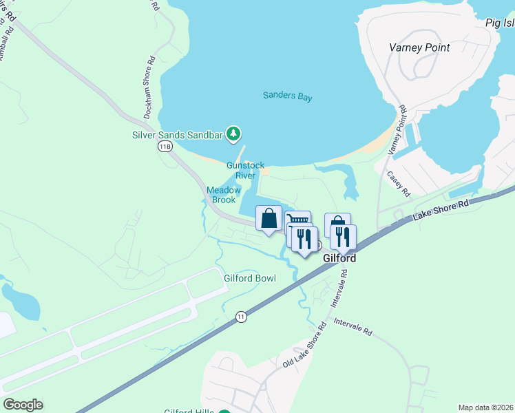 map of restaurants, bars, coffee shops, grocery stores, and more near 73 New Hampshire 11B in Gilford