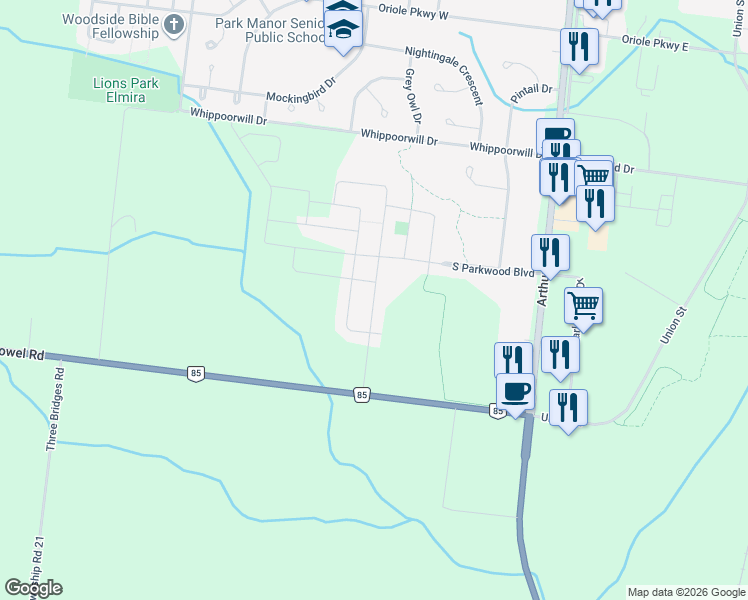 map of restaurants, bars, coffee shops, grocery stores, and more near 198 Timber Trail Road in Elmira