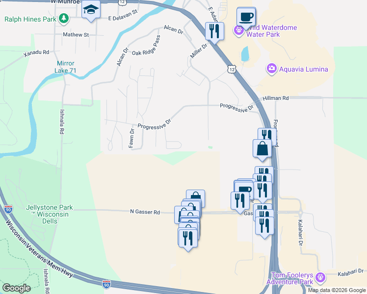 map of restaurants, bars, coffee shops, grocery stores, and more near 64 Erhardt Trail in Baraboo