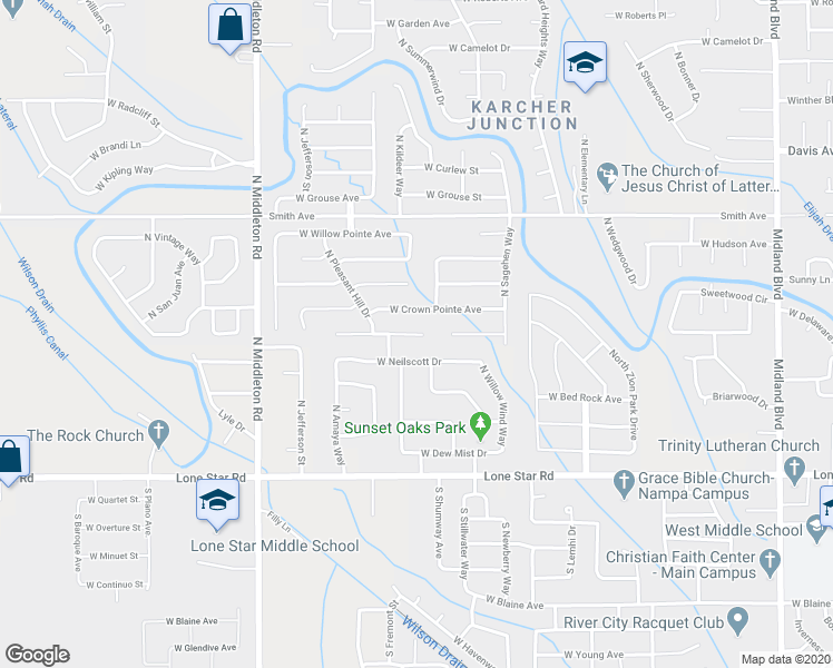 map of restaurants, bars, coffee shops, grocery stores, and more near 2109 West Lake Pointe Court in Nampa