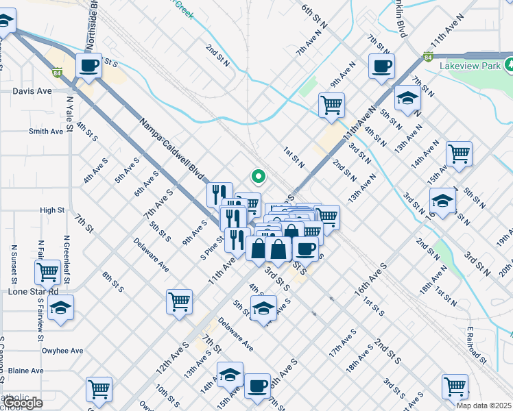 map of restaurants, bars, coffee shops, grocery stores, and more near 1013 1st Street South in Nampa