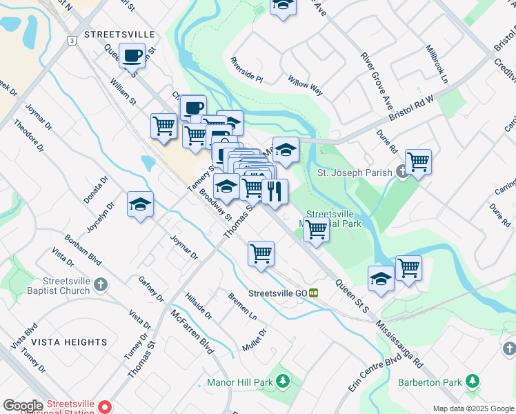 map of restaurants, bars, coffee shops, grocery stores, and more near 256 Queen Street South in Mississauga