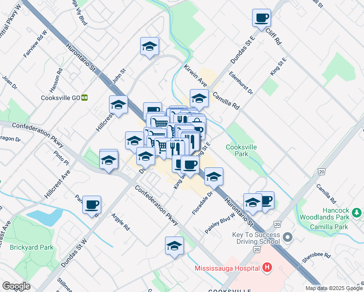 map of restaurants, bars, coffee shops, grocery stores, and more near 2580 Hurontario Street in Mississauga