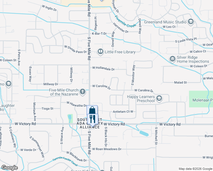 map of restaurants, bars, coffee shops, grocery stores, and more near 10361 West Carolina Drive in Boise