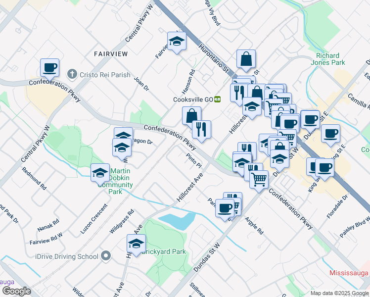map of restaurants, bars, coffee shops, grocery stores, and more near in Mississauga