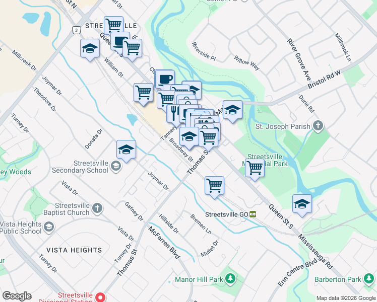 map of restaurants, bars, coffee shops, grocery stores, and more near 215 Broadway Street in Mississauga