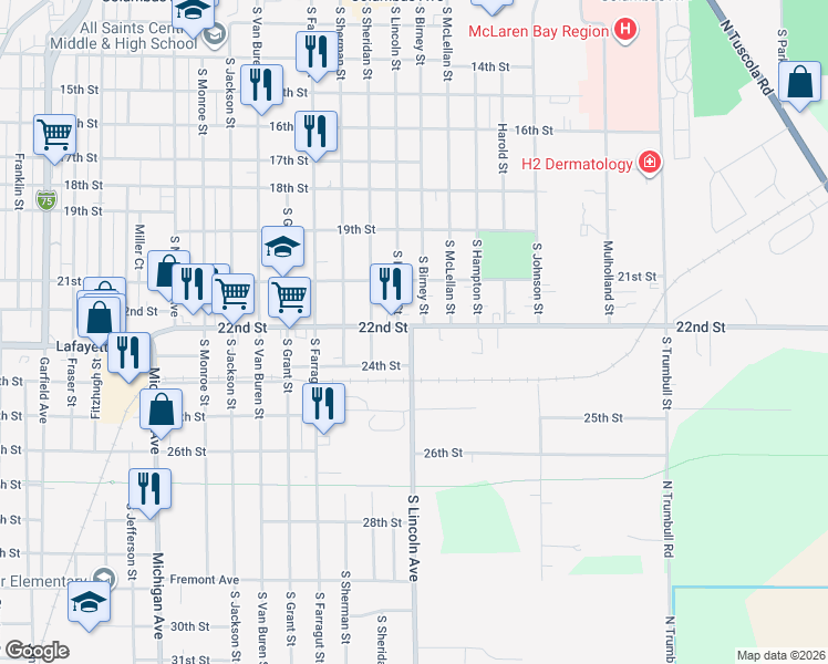 map of restaurants, bars, coffee shops, grocery stores, and more near 2300 26th St in Bay City