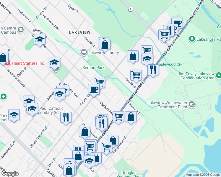 map of restaurants, bars, coffee shops, grocery stores, and more near 1088 Casson Avenue in Mississauga