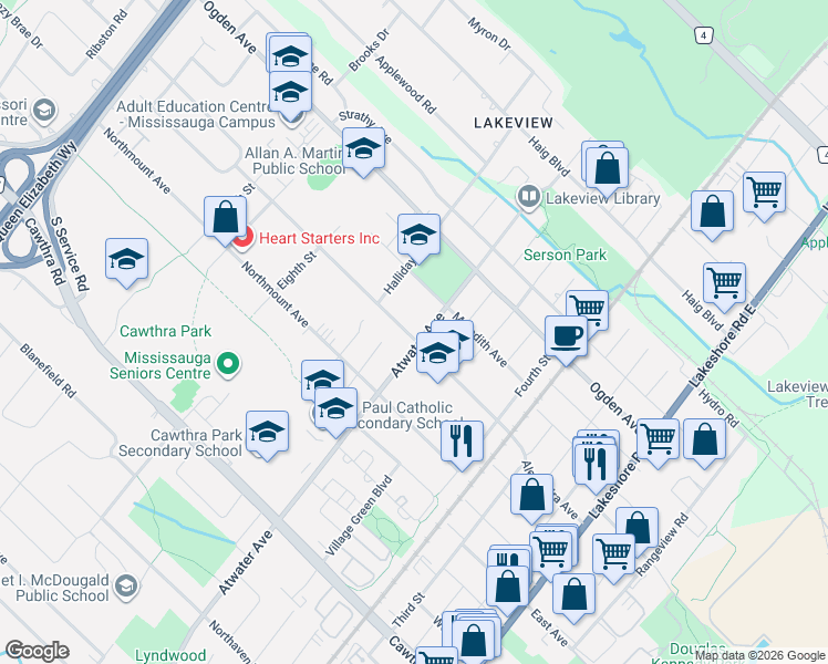 map of restaurants, bars, coffee shops, grocery stores, and more near 1257 Alexandra Avenue in Mississauga