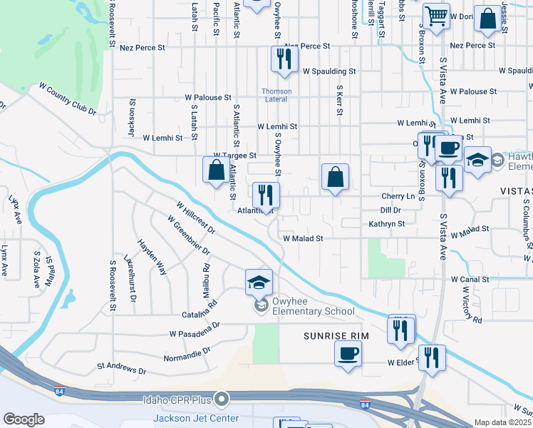 map of restaurants, bars, coffee shops, grocery stores, and more near 2515 South Owyhee Street in Boise
