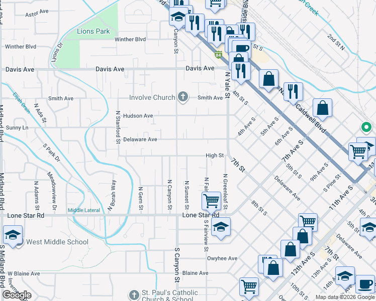 map of restaurants, bars, coffee shops, grocery stores, and more near 141 High Street in Nampa