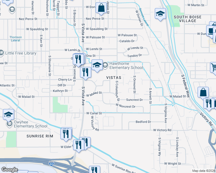 map of restaurants, bars, coffee shops, grocery stores, and more near 2210 West Malad Street in Boise