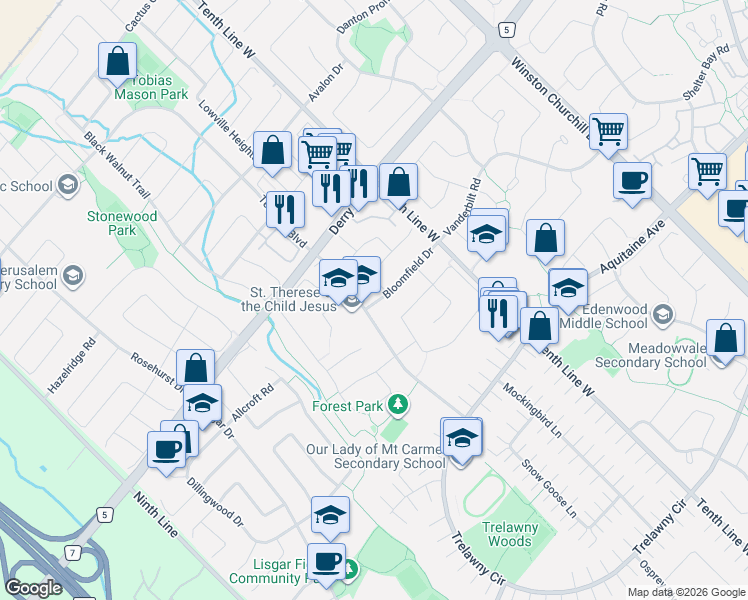 map of restaurants, bars, coffee shops, grocery stores, and more near 3295 Bloomfield Drive in Mississauga