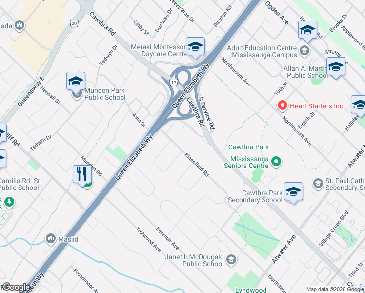 map of restaurants, bars, coffee shops, grocery stores, and more near in Mississauga