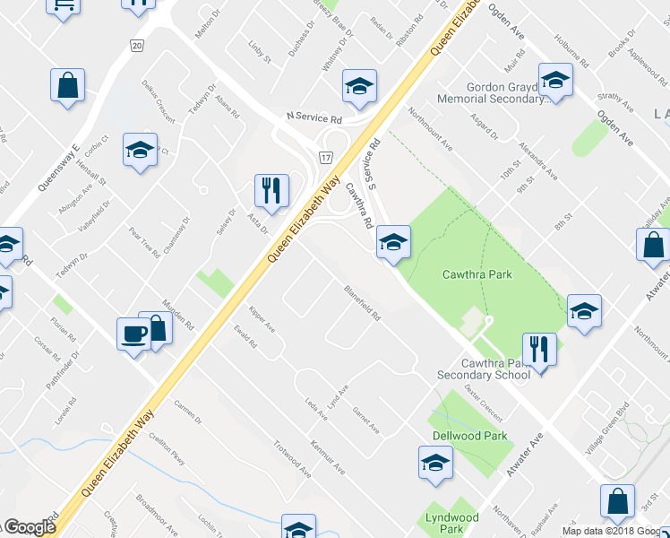 map of restaurants, bars, coffee shops, grocery stores, and more near 1583 Blanefield Road in Mississauga
