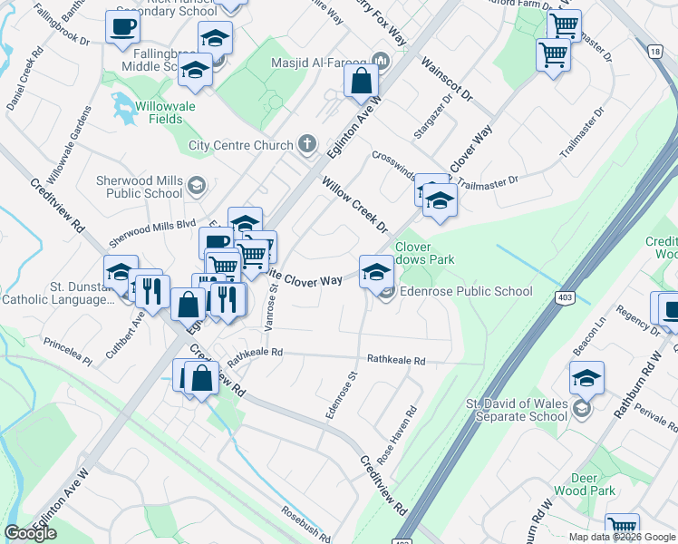 map of restaurants, bars, coffee shops, grocery stores, and more near 1169 White Clover Way in Mississauga
