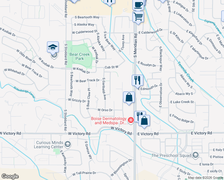 map of restaurants, bars, coffee shops, grocery stores, and more near 301 West Whitehall Drive in Meridian