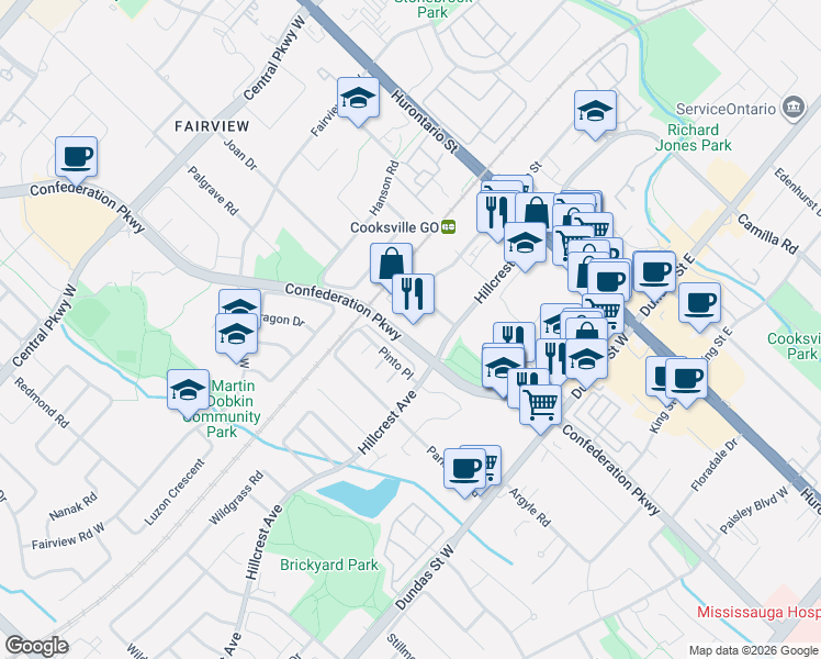 map of restaurants, bars, coffee shops, grocery stores, and more near in Mississauga