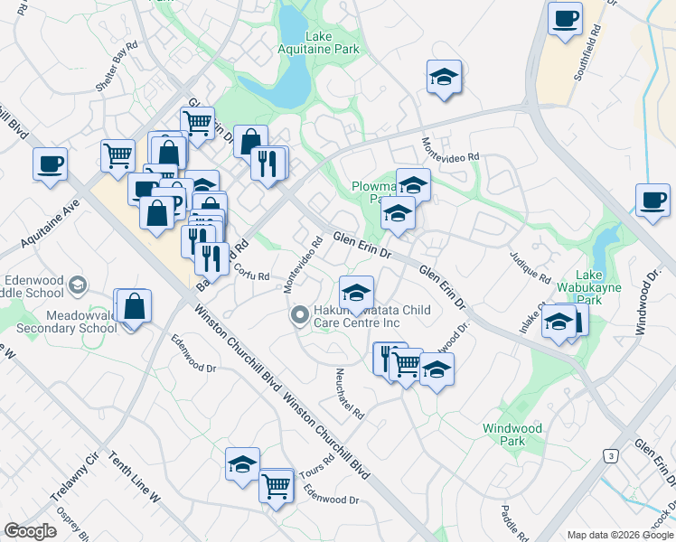 map of restaurants, bars, coffee shops, grocery stores, and more near in Mississauga