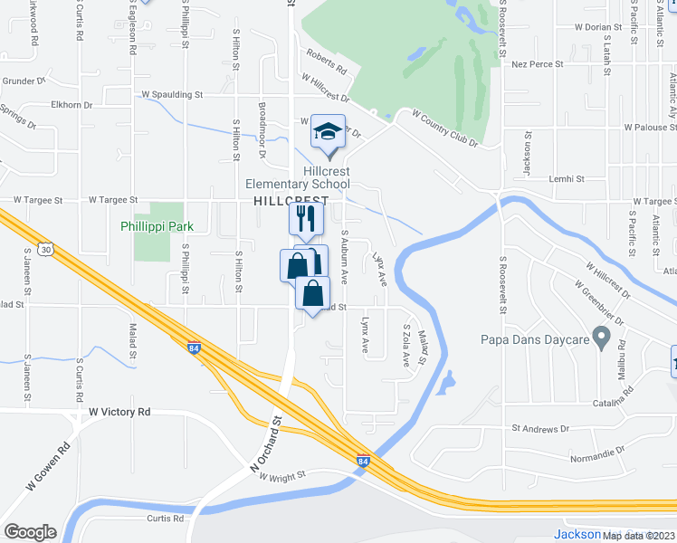 map of restaurants, bars, coffee shops, grocery stores, and more near 2417 South Pond Street in Boise