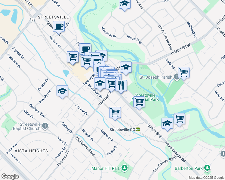 map of restaurants, bars, coffee shops, grocery stores, and more near 256 Queen Street South in Mississauga