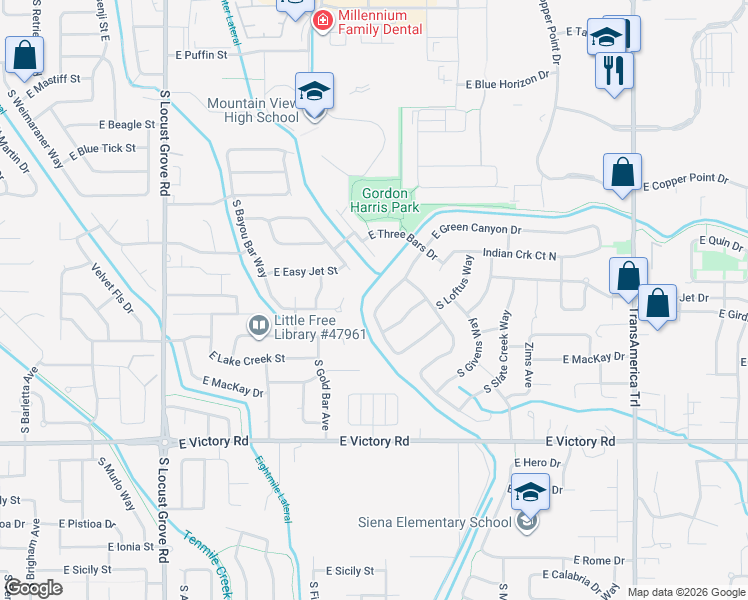 map of restaurants, bars, coffee shops, grocery stores, and more near 2321 East Green Canyon Drive in Meridian