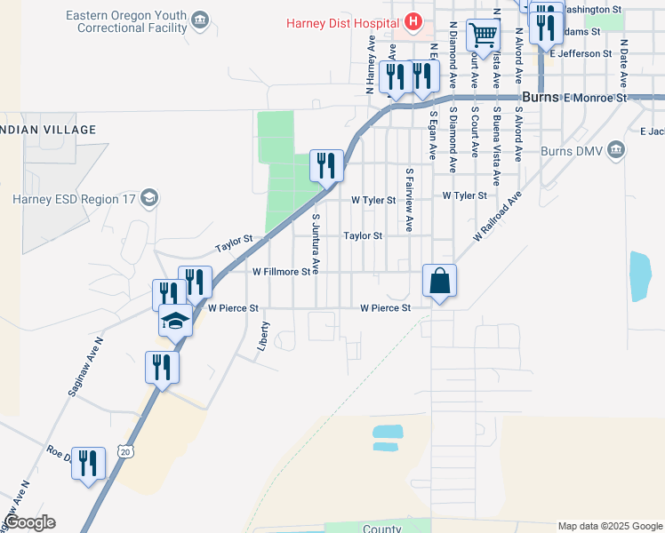 map of restaurants, bars, coffee shops, grocery stores, and more near 745 South Imperial Avenue in Burns