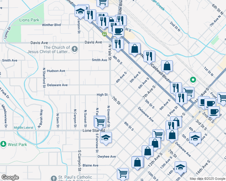 map of restaurants, bars, coffee shops, grocery stores, and more near 56 North Yale Street in Nampa
