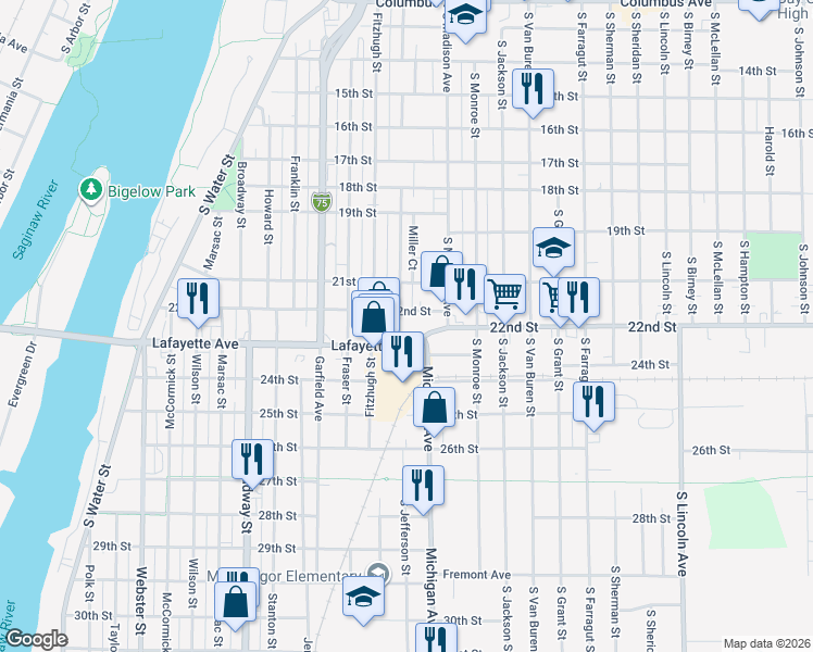 map of restaurants, bars, coffee shops, grocery stores, and more near 1006 Lafayette Ave in Bay City