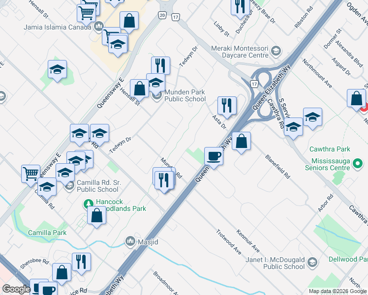 map of restaurants, bars, coffee shops, grocery stores, and more near 483 Selsey Drive in Mississauga