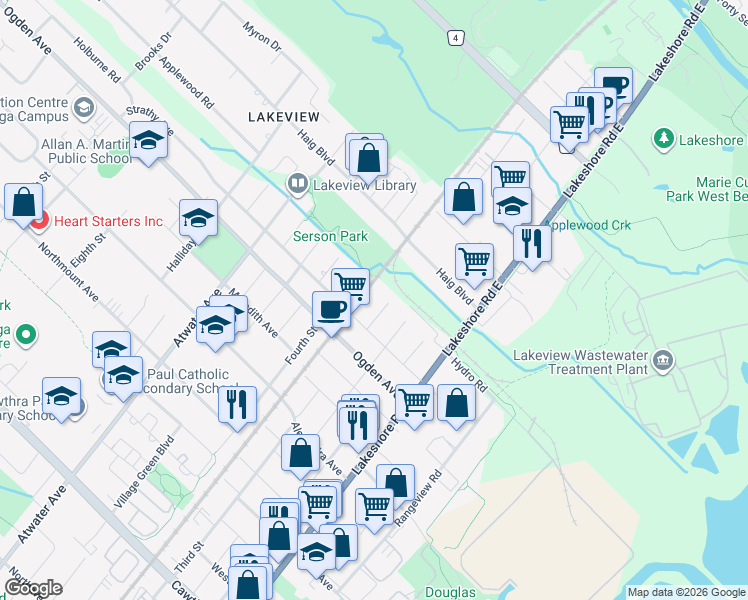 map of restaurants, bars, coffee shops, grocery stores, and more near 1095 Strathy Avenue in Mississauga