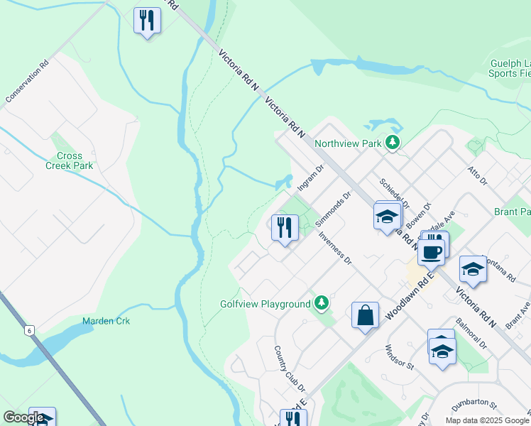 map of restaurants, bars, coffee shops, grocery stores, and more near 50 Ingram Drive in Guelph