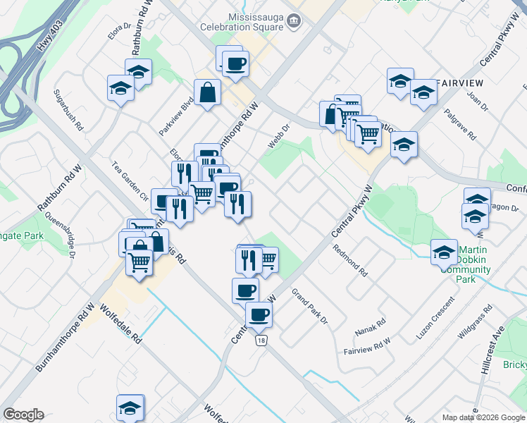 map of restaurants, bars, coffee shops, grocery stores, and more near 3570 Italia Crescent in Mississauga
