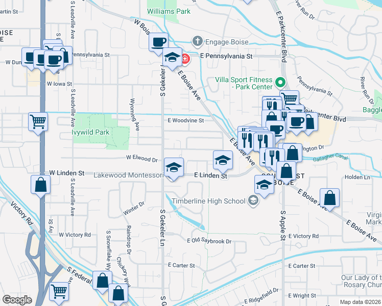 map of restaurants, bars, coffee shops, grocery stores, and more near 2557 South Falling Brook Lane in Boise