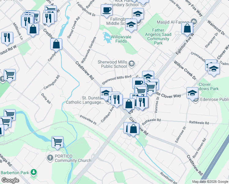map of restaurants, bars, coffee shops, grocery stores, and more near 5202 Buttermill Court in Mississauga