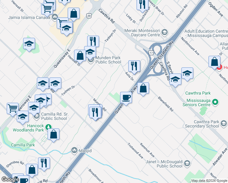 map of restaurants, bars, coffee shops, grocery stores, and more near 500 Selsey Drive in Mississauga