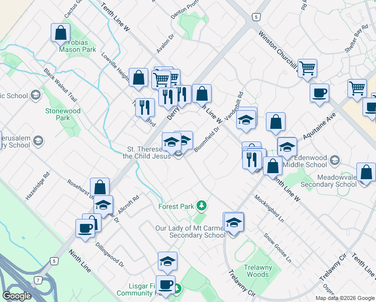 map of restaurants, bars, coffee shops, grocery stores, and more near 3295 Bloomfield Drive in Mississauga