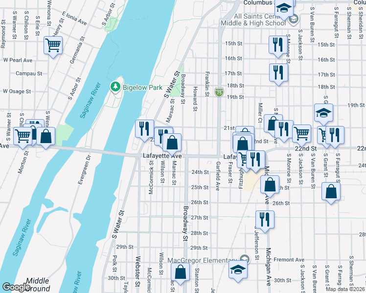 map of restaurants, bars, coffee shops, grocery stores, and more near 800 Broadway Street in Bay City