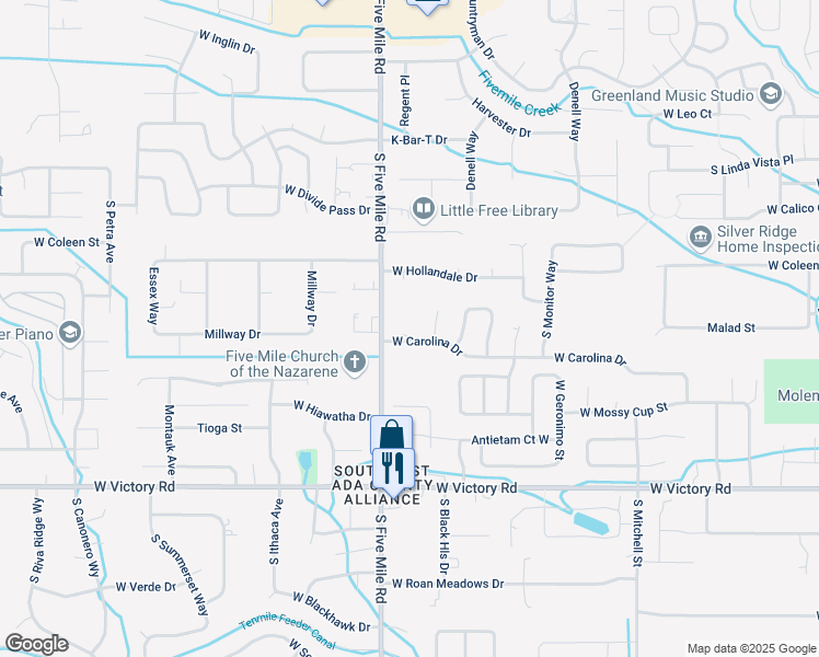 map of restaurants, bars, coffee shops, grocery stores, and more near 10522 West Carolina Drive in Boise