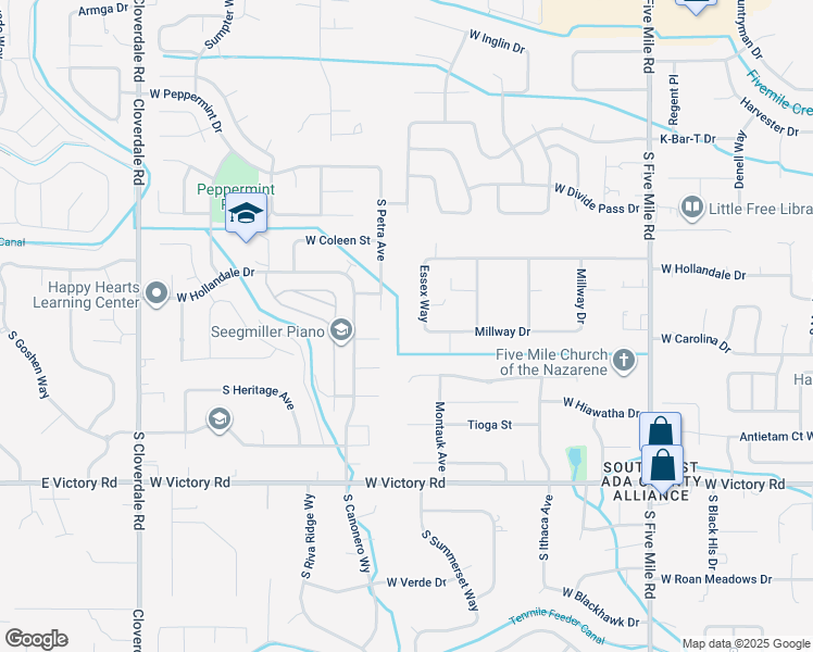 map of restaurants, bars, coffee shops, grocery stores, and more near 2519 Essex Way in Boise